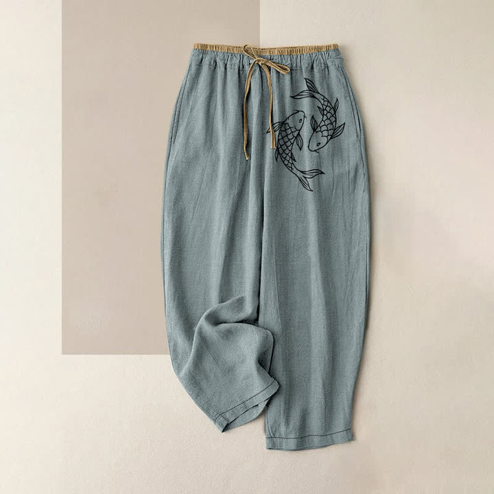 Buddha Stones Pantalones de mujer de algodón puro con estampado de peces koi Zen, cintura elástica y bolsillos. - Azul cadete - US16，UK/AU20，EU48 (3XL) - image 0