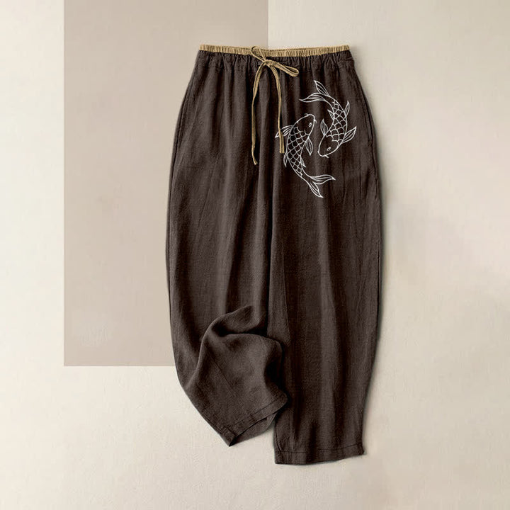 Buddha Stones Pantalones de mujer de algodón puro con estampado de peces koi Zen, cintura elástica y bolsillos. - Marrón silla de montar - US16，UK/AU20，EU48 (3XL) - image 8