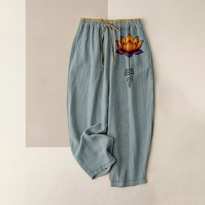 Buddha Stones Pantalones de mujer de algodón puro con estampado de loto naranja y cintura elástica con bolsillos. - Azul cadete - US16，UK/AU20，EU48 (3XL) - image 8