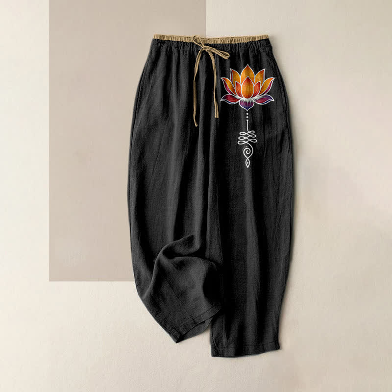 Buddha Stones Pantalones de mujer de algodón puro con estampado de loto naranja y cintura elástica con bolsillos. - Negro - US16，UK/AU20，EU48 (3XL) - image 0