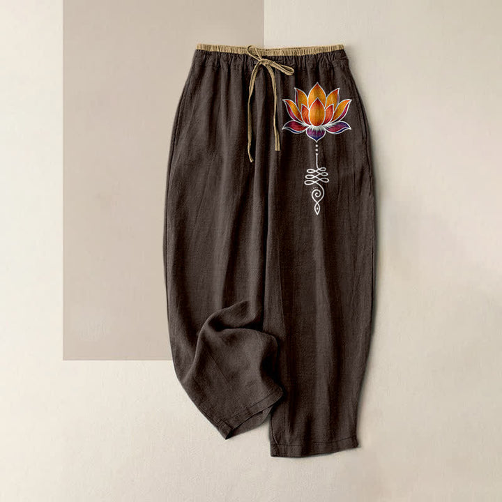 Buddha Stones Pantalones de mujer de algodón puro con estampado de loto naranja y cintura elástica con bolsillos. - Marrón silla de montar - US16，UK/AU20，EU48 (3XL) - image 4