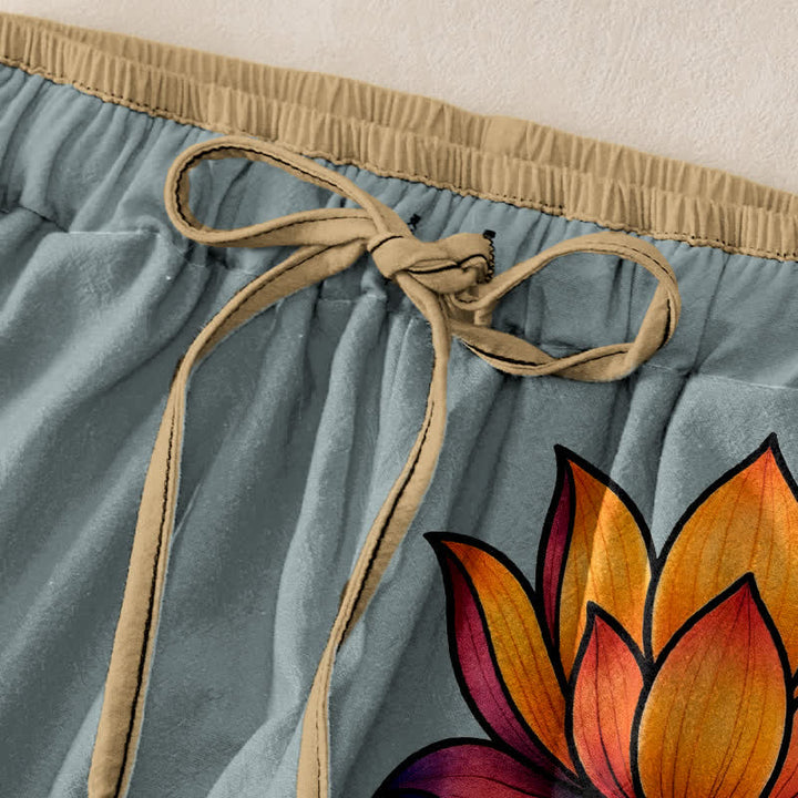Buddha Stones Pantalones de mujer de algodón puro con estampado de loto naranja y cintura elástica con bolsillos. - image 9
