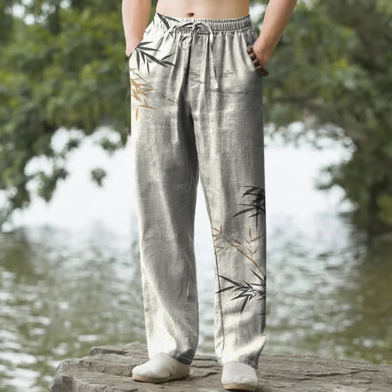 Buddha Stones Pantalones de hombre de algodón con estampado de bambú y corte ajustado, con bolsillos. - Lino - US/UK/AU50, EU60 (5XL) - image 0