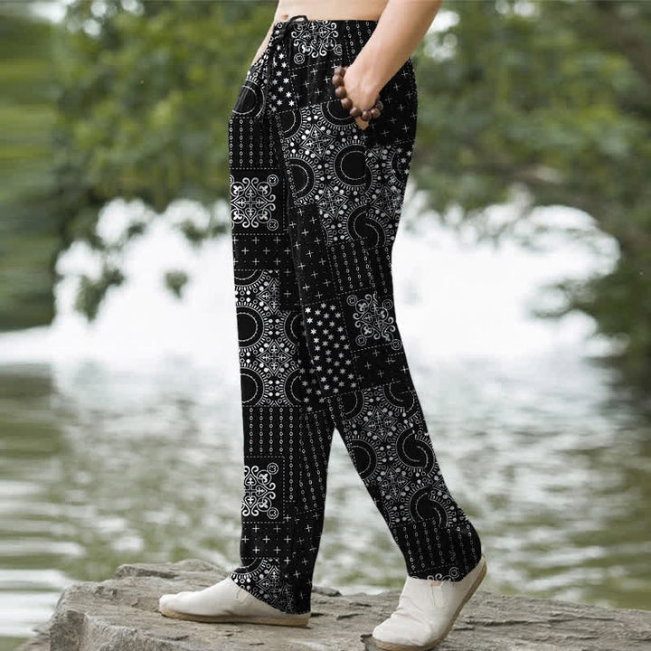 Buddha Stones Pantalones de hombre de algodón con estampado de pañuelo bohemio, corte ajustado y bolsillos. - image 7