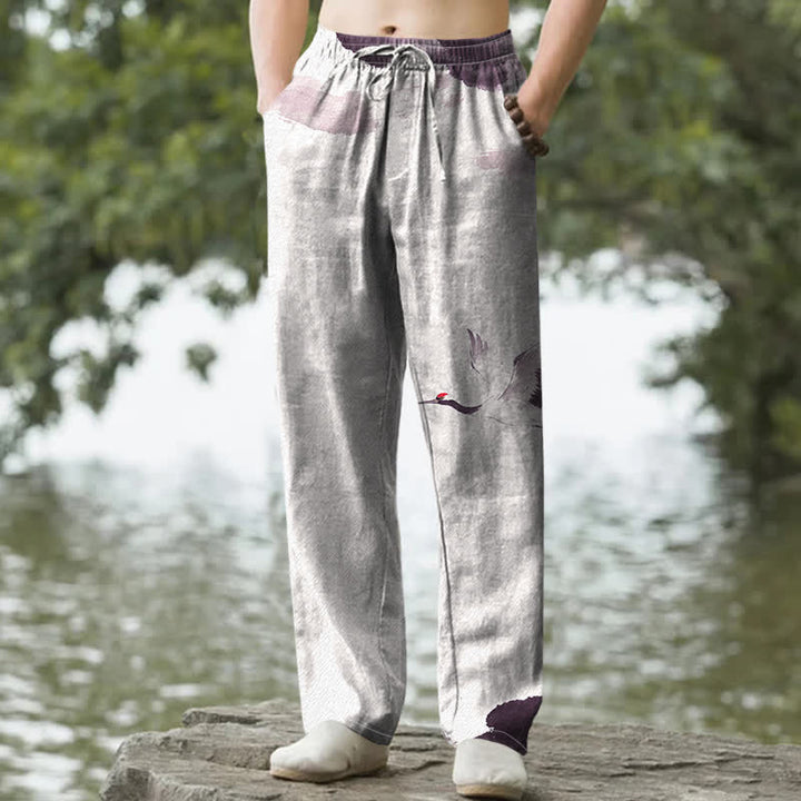 Buddha Stones Pantalones de hombre de algodón con estampado de grullas de corona roja, corte cónico y bolsillos. - Tierra de siena - US/UK/AU50, EU60 (5XL) - image 4