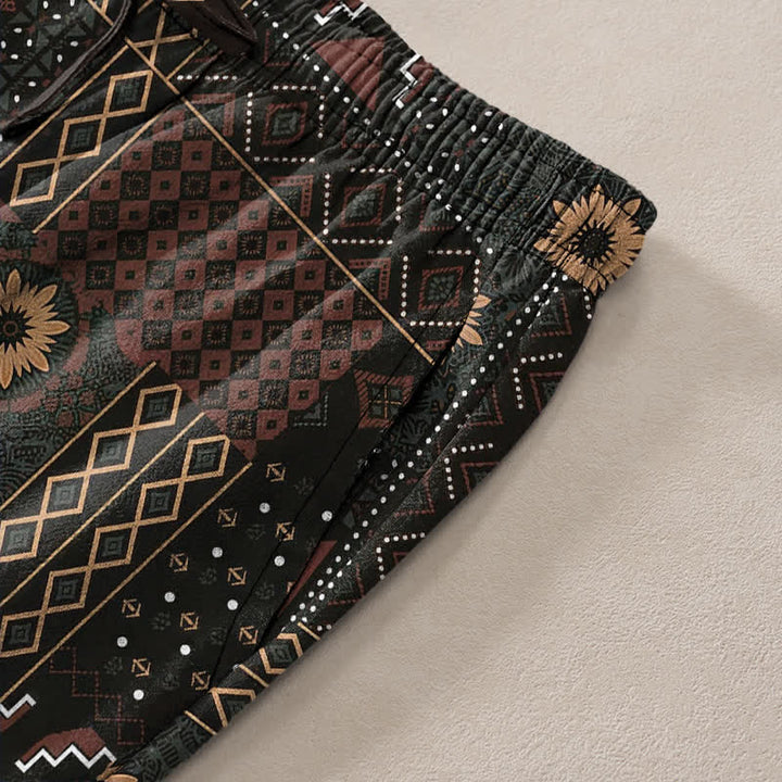 Buddha Stones Pantalones de hombre de algodón con estampado floral geométrico estilo bohemio y corte ajustado, con bolsillos. - image 2