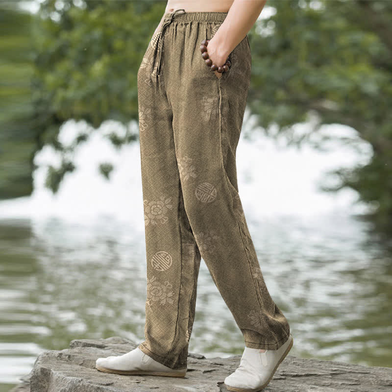 Buddha Stones Pantalones de hombre de algodón con estampado geométrico tribal y corte ajustado, con bolsillos. - image 1