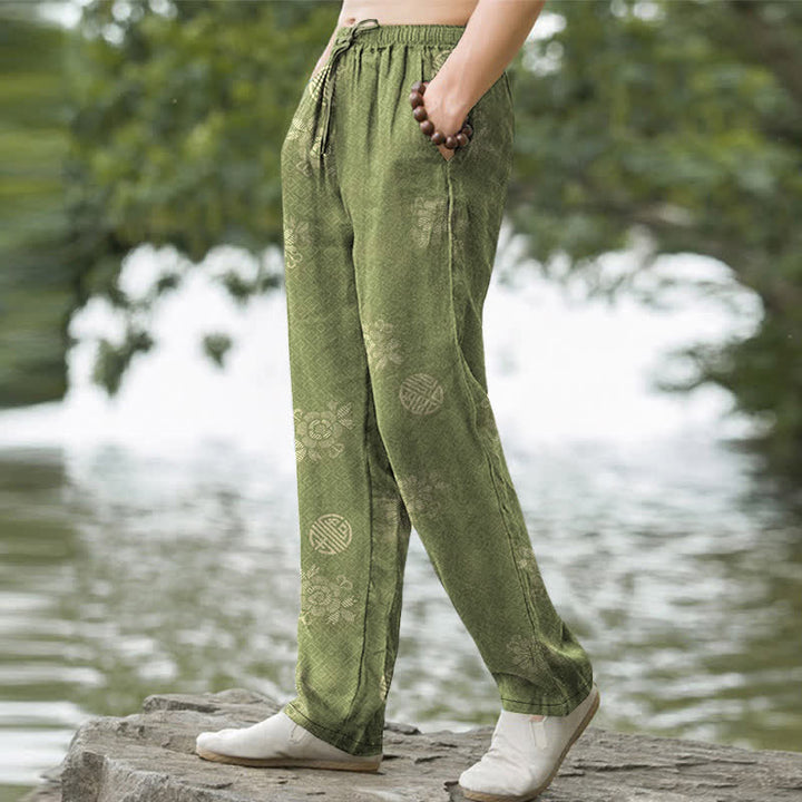 Buddha Stones Pantalones de hombre de algodón con estampado geométrico tribal y corte ajustado, con bolsillos. - image 7