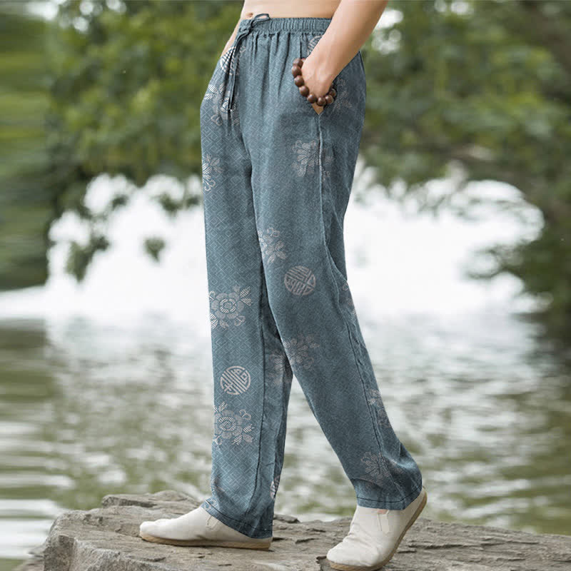 Buddha Stones Pantalones de hombre de algodón con estampado geométrico tribal y corte ajustado, con bolsillos. - image 5