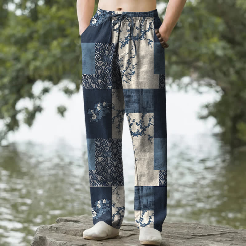 Buddha Stones Pantalones de hombre de algodón con estampado floral ondulado y corte ajustado, con bolsillos. - Marina de guerra - US/UK/AU50, EU60 (5XL) - image 0