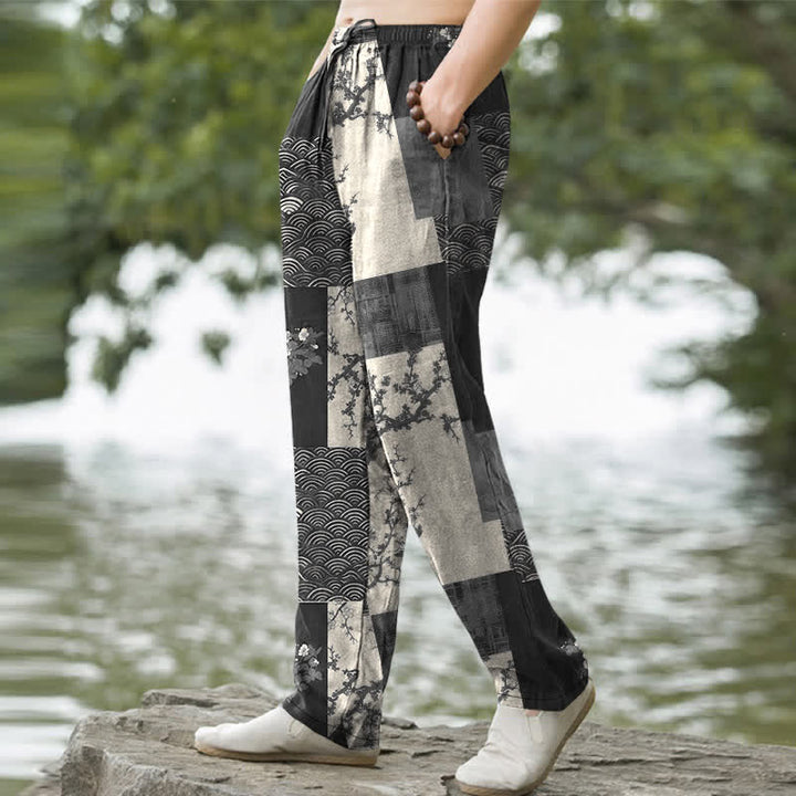 Buddha Stones Pantalones de hombre de algodón con estampado floral ondulado y corte ajustado, con bolsillos. - image 5