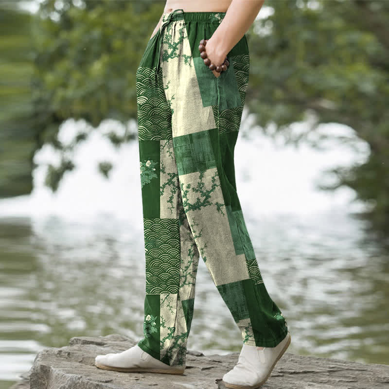 Buddha Stones Pantalones de hombre de algodón con estampado floral ondulado y corte ajustado, con bolsillos. - image 7