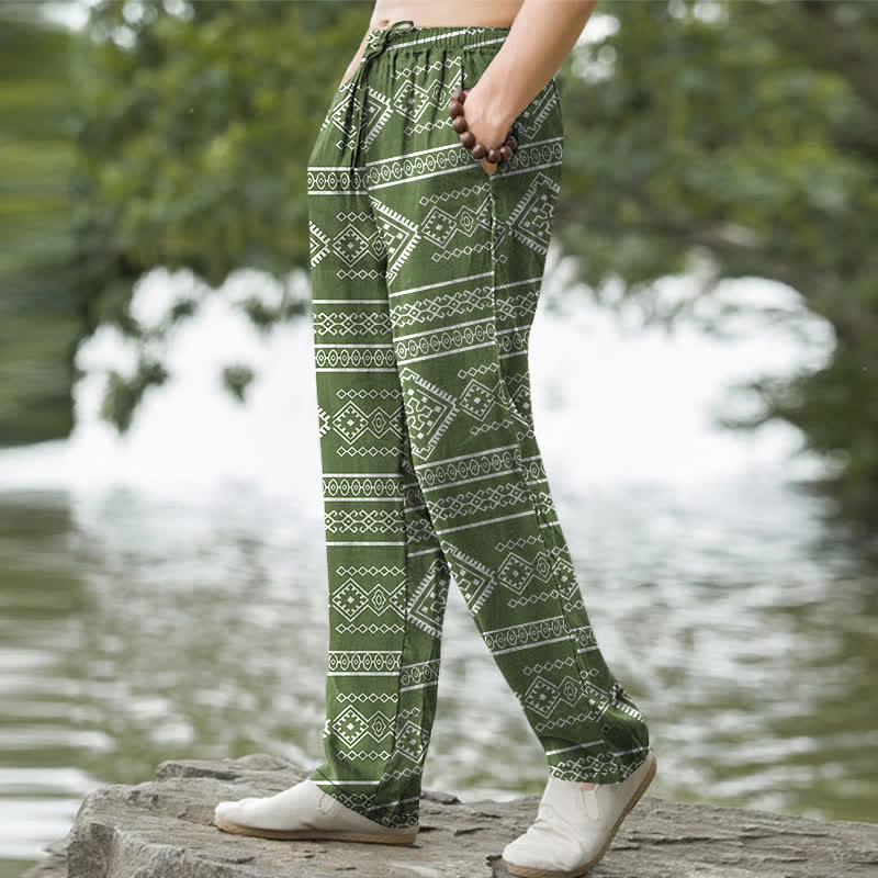Buddha Stones Pantalones de hombre de algodón con estampado geométrico tribal de rayas, corte ajustado y bolsillos. - image 7