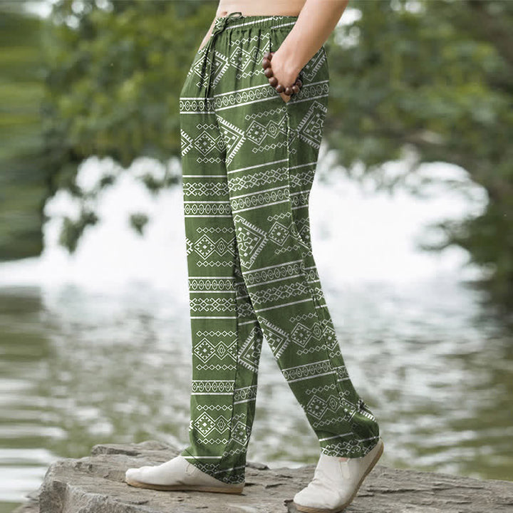Buddha Stones Pantalones de hombre de algodón con estampado geométrico tribal de rayas, corte ajustado y bolsillos. - image 7