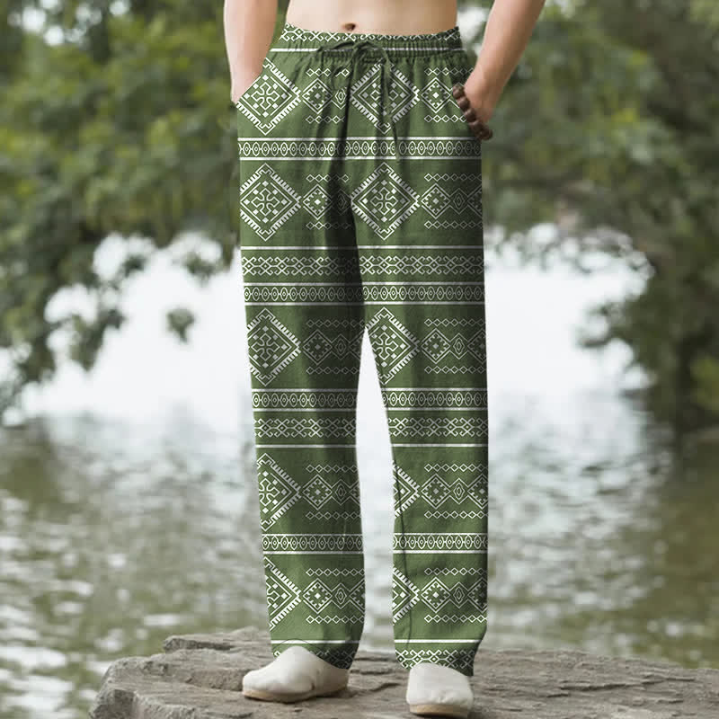Buddha Stones Pantalones de hombre de algodón con estampado geométrico tribal de rayas, corte ajustado y bolsillos. - Verde oliva - US/UK/AU50, EU60 (5XL) - image 6