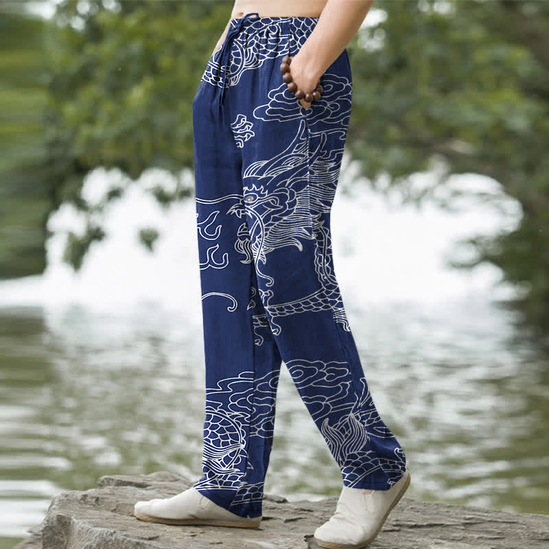Buddha Stones Pantalones de hombre de algodón con estampado oriental de dragón y nubes, corte cónico y bolsillos. - image 7