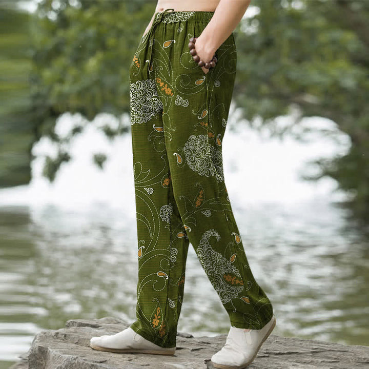Buddha Stones Pantalones de hombre de algodón con estampado floral bohemio y corte ajustado, con bolsillos. - image 5