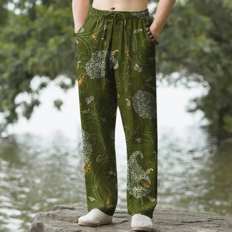 Buddha Stones Pantalones de hombre de algodón con estampado floral bohemio y corte ajustado, con bolsillos. - Verde oliva oscuro - US/UK/AU50, EU60 (5XL) - image 4