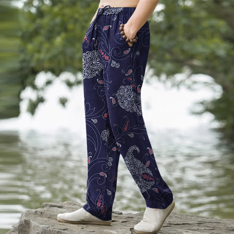 Buddha Stones Pantalones de hombre de algodón con estampado floral bohemio y corte ajustado, con bolsillos. - image 7