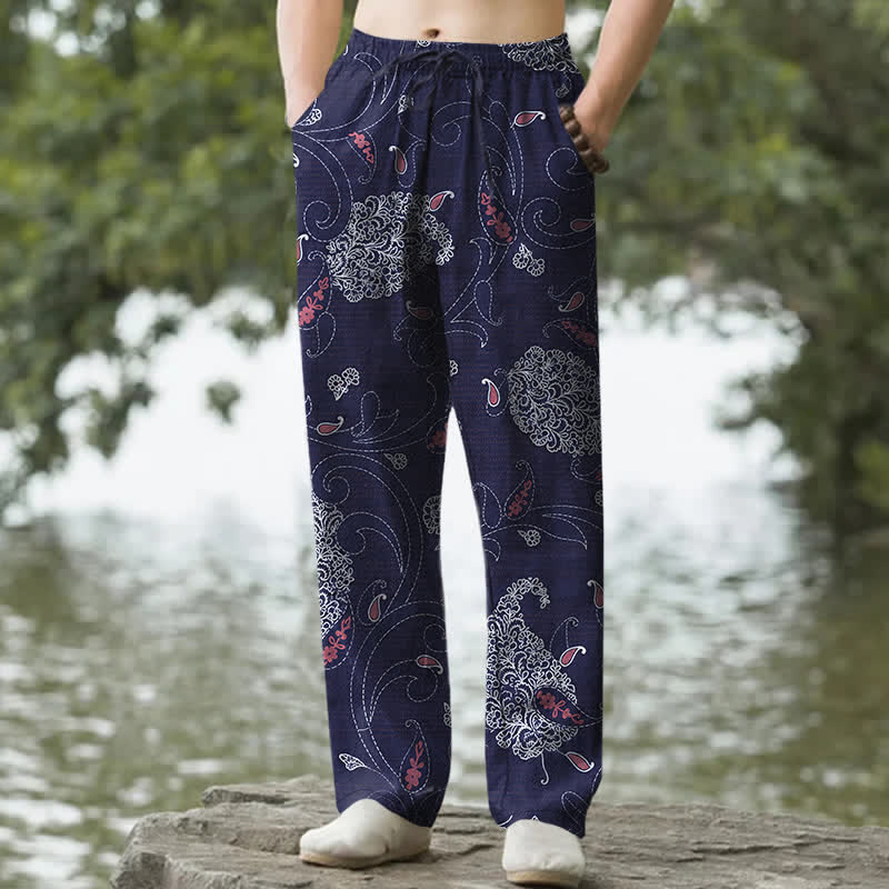 Buddha Stones Pantalones de hombre de algodón con estampado floral bohemio y corte ajustado, con bolsillos. - Marina de guerra - US/UK/AU50, EU60 (5XL) - image 6