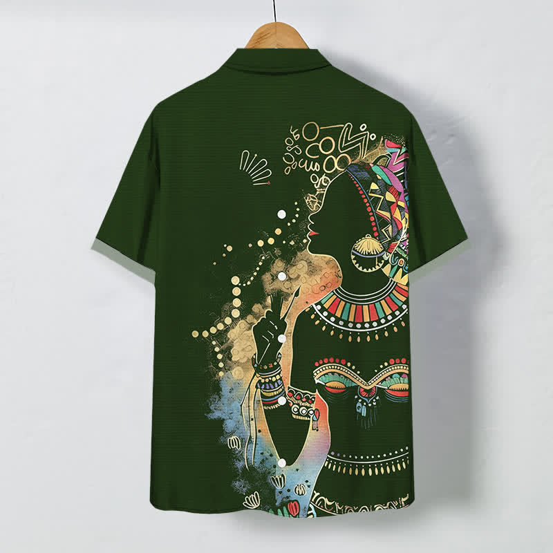 Buddha Stones Camisa de manga corta transpirable para hombre con estampado de silueta de mujer tribal y botones. - image 1