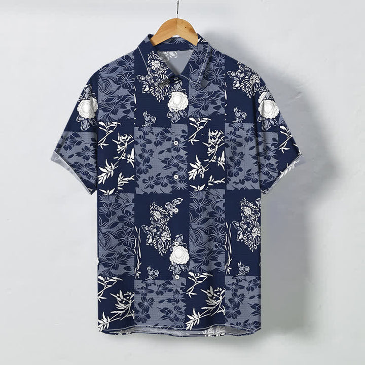 Buddha Stones Camisa de manga corta transpirable para hombre con botones y estampado floral a cuadros azules - Marina de guerra - US/UK/AU48, UE58 (4XL) - image 0