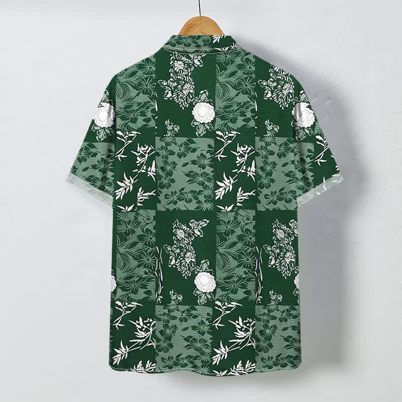 Buddha Stones Camisa de manga corta transpirable para hombre con botones y estampado floral a cuadros azules - image 7