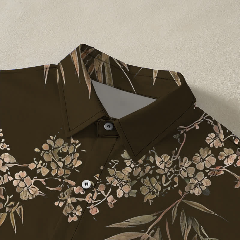Buddha Stones Camisa transpirable de manga corta para hombre con botones y estampado de flores de ciruelo y bambú - image 2