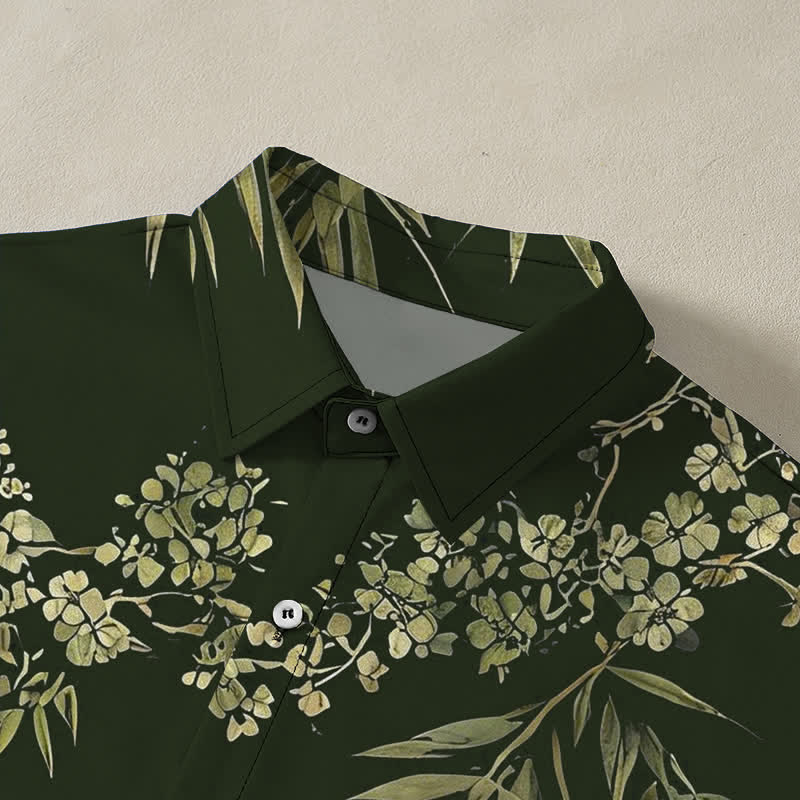 Buddha Stones Camisa transpirable de manga corta para hombre con botones y estampado de flores de ciruelo y bambú - image 7