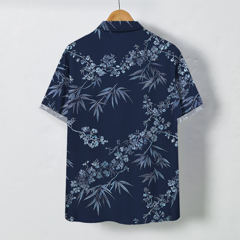 Buddha Stones Camisa transpirable de manga corta para hombre con botones y estampado de flores de ciruelo y bambú - image 11