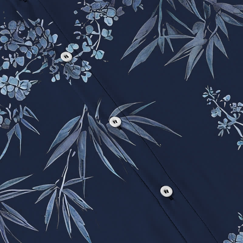Buddha Stones Camisa transpirable de manga corta para hombre con botones y estampado de flores de ciruelo y bambú - image 13