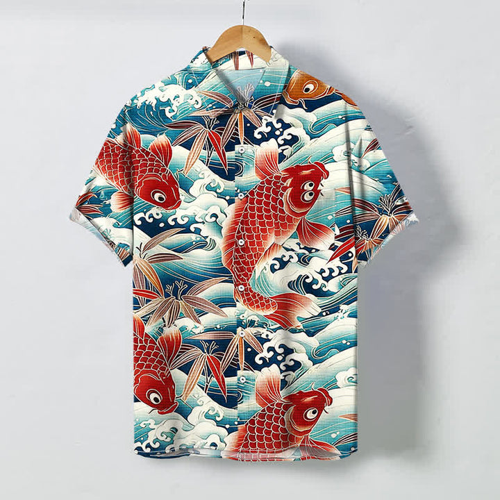 Buddha Stones Camisa de manga corta transpirable para hombre con botones y estampado de bambú y olas Koi - Turquesa - US/UK/AU48, UE58 (4XL) - image 0
