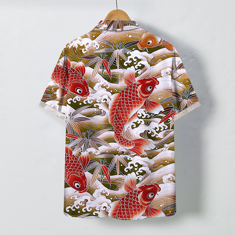 Buddha Stones Camisa de manga corta transpirable para hombre con botones y estampado de bambú y olas Koi - image 4