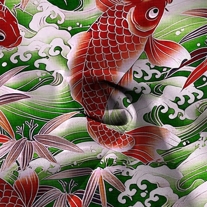 Buddha Stones Camisa de manga corta transpirable para hombre con botones y estampado de bambú y olas Koi - image 8