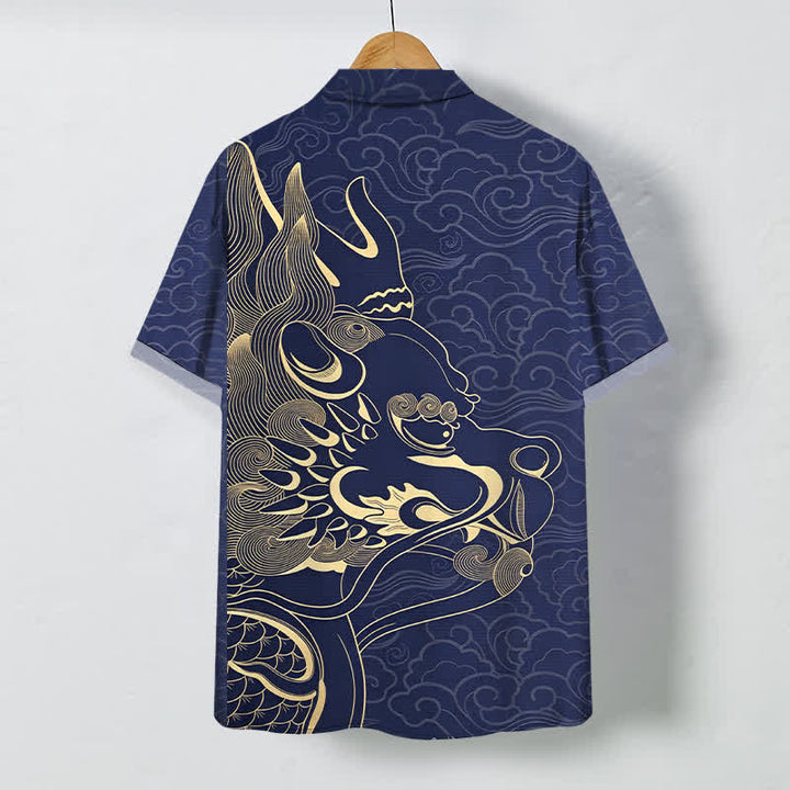 Buddha Stones Camisa de manga corta para hombre con botones y estampado de nube de dragón dorado, resistente a las arrugas. - image 1