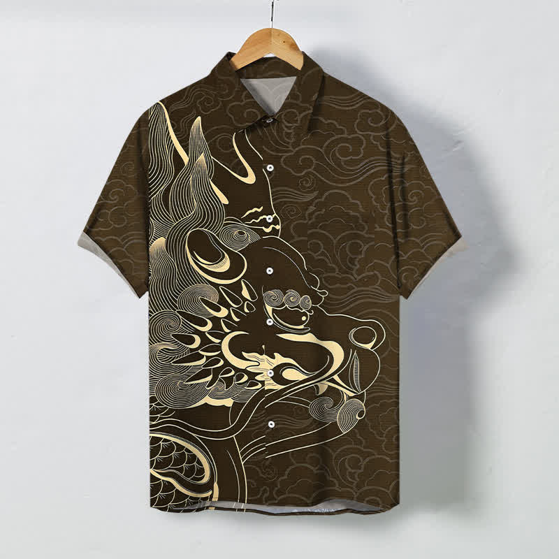 Buddha Stones Camisa de manga corta para hombre con botones y estampado de nube de dragón dorado, resistente a las arrugas. - Marrón silla de montar - US/UK/AU48, UE58 (4XL) - image 5