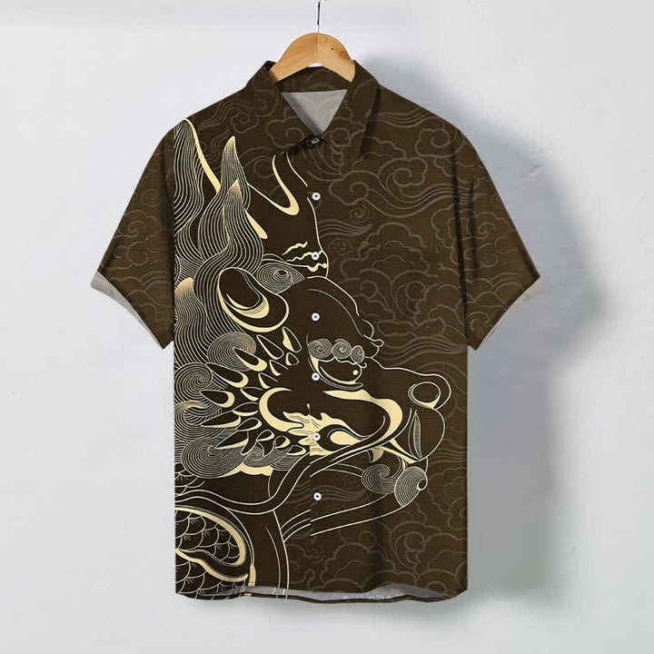 Buddha Stones Camisa de manga corta para hombre con botones y estampado de nube de dragón dorado, resistente a las arrugas. - Marrón silla de montar - US/UK/AU48, UE58 (4XL) - image 5