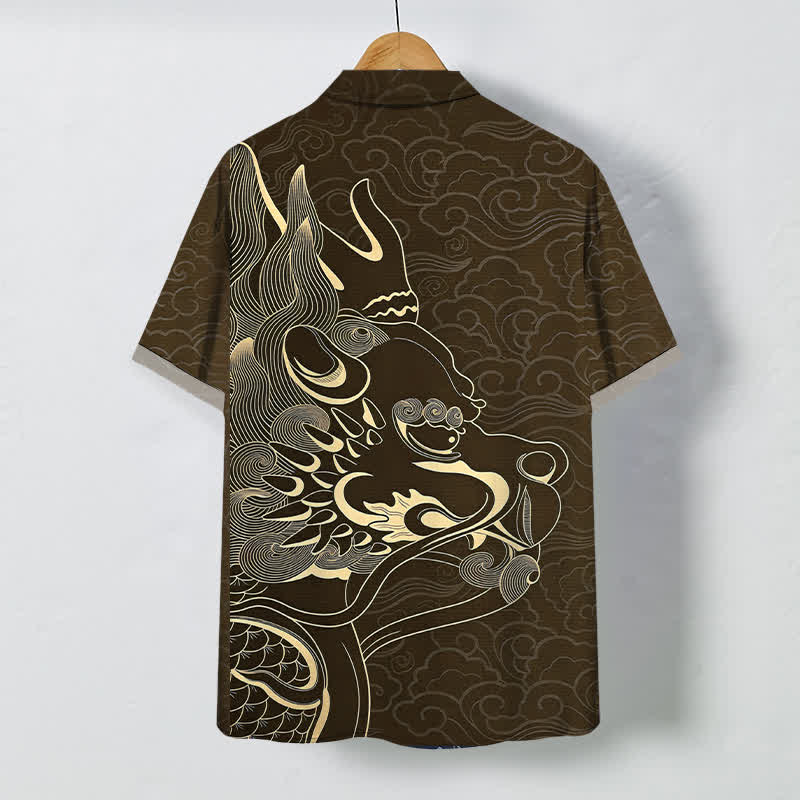 Buddha Stones Camisa de manga corta para hombre con botones y estampado de nube de dragón dorado, resistente a las arrugas. - image 6