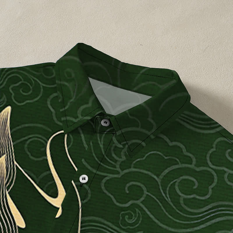 Buddha Stones Camisa de manga corta para hombre con botones y estampado de nube de dragón dorado, resistente a las arrugas. - image 12