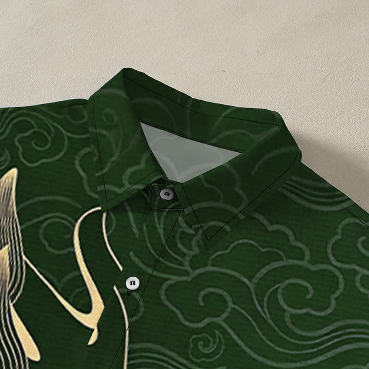 Buddha Stones Camisa de manga corta para hombre con botones y estampado de nube de dragón dorado, resistente a las arrugas. - image 12