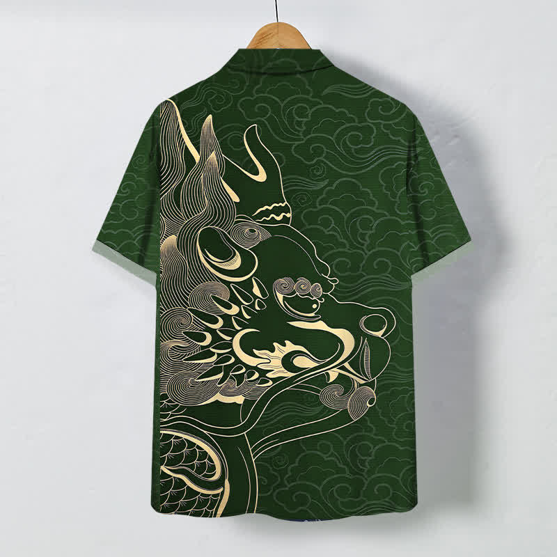Buddha Stones Camisa de manga corta para hombre con botones y estampado de nube de dragón dorado, resistente a las arrugas. - image 11