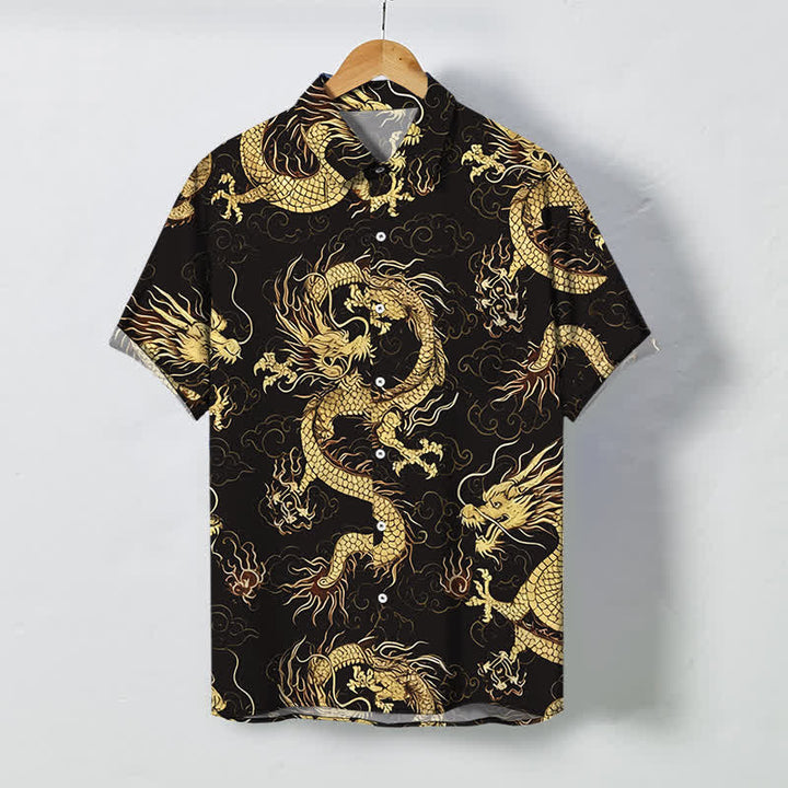 Buddha Stones Camisa de manga corta para hombre con botones y estampado de nube de dragón dorado, resistente a las arrugas. - Marrón silla de montar - US/UK/AU48, UE58 (4XL) - image 0
