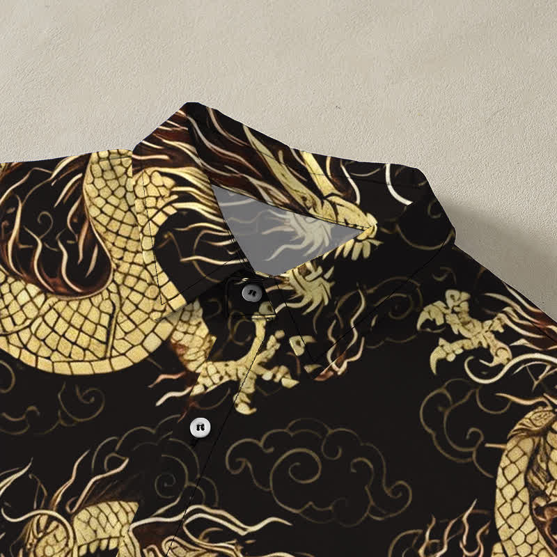 Buddha Stones Camisa de manga corta para hombre con botones y estampado de nube de dragón dorado, resistente a las arrugas. - image 2