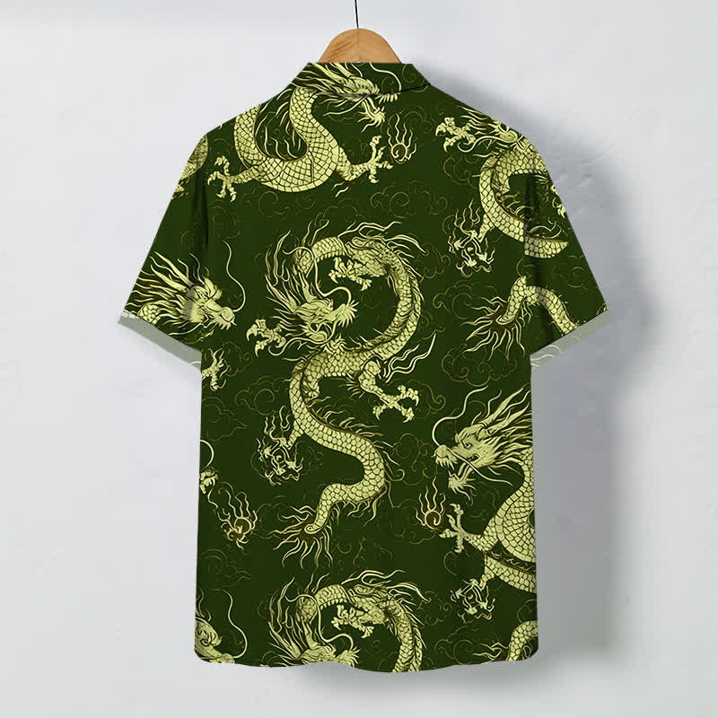 Buddha Stones Camisa de manga corta para hombre con botones y estampado de nube de dragón dorado, resistente a las arrugas. - image 6