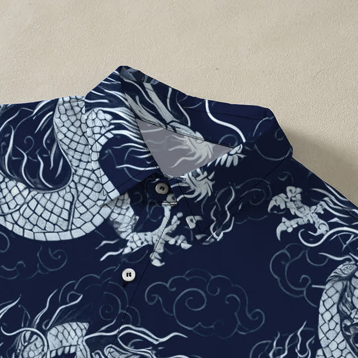 Buddha Stones Camisa de manga corta para hombre con botones y estampado de nube de dragón dorado, resistente a las arrugas. - image 12