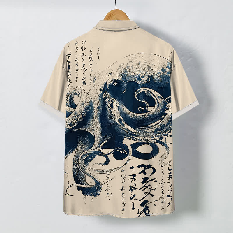 Buddha Stones Camisa de manga corta para hombre con botones y estampado de caligrafía de pulpo japonés, resistente a las arrugas. - image 1