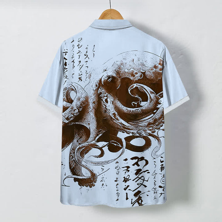 Buddha Stones Camisa de manga corta para hombre con botones y estampado de caligrafía de pulpo japonés, resistente a las arrugas. - image 4
