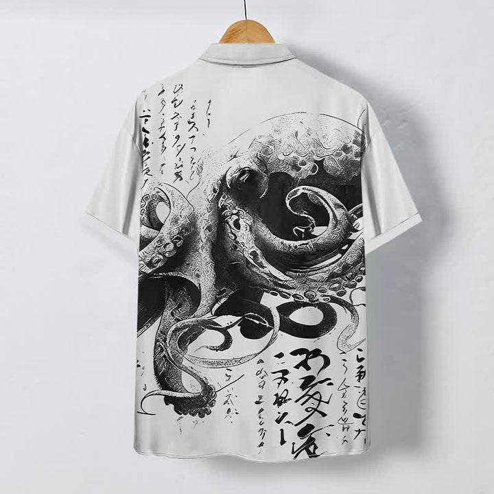 Buddha Stones Camisa de manga corta para hombre con botones y estampado de caligrafía de pulpo japonés, resistente a las arrugas. - image 7