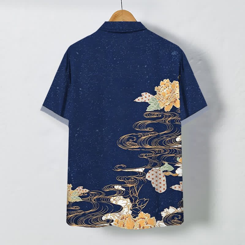 Buddha Stones Camisa transpirable de manga corta para hombre con botones y estampado de nubes y olas de loto - image 1