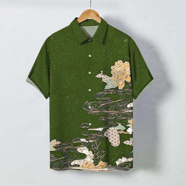Buddha Stones Camisa transpirable de manga corta para hombre con botones y estampado de nubes y olas de loto - Verde oliva oscuro - US/UK/AU48, UE58 (4XL) - image 5